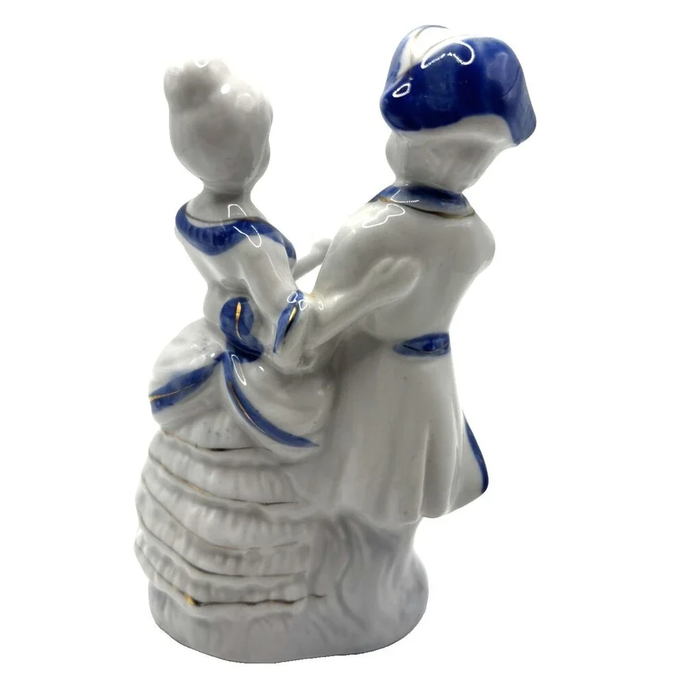 Vintage Colonial Couple Figurine Man Dancing with Lady/ Blue & White Porcelain